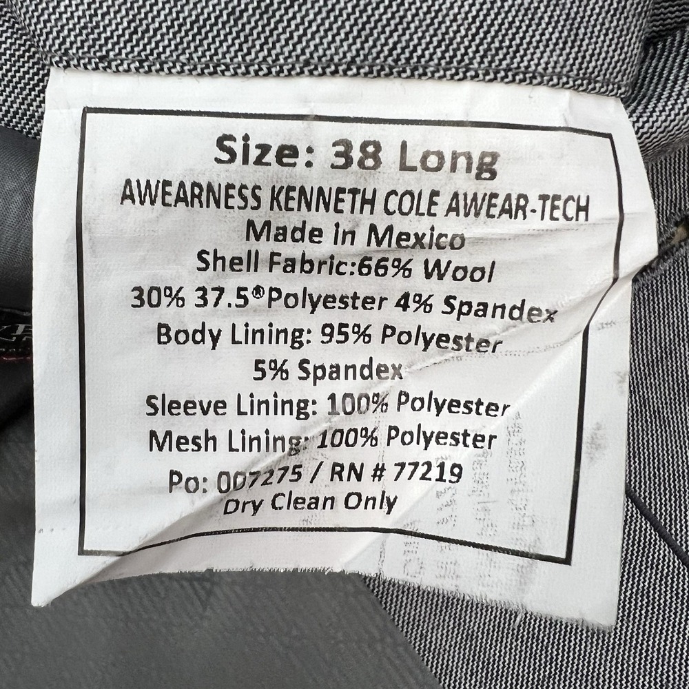 Kenneth Cole Blazer Sport Jacket Mens 38L Long Slim Fit Wool Blend Stretch Gray - Picture 10 of 13